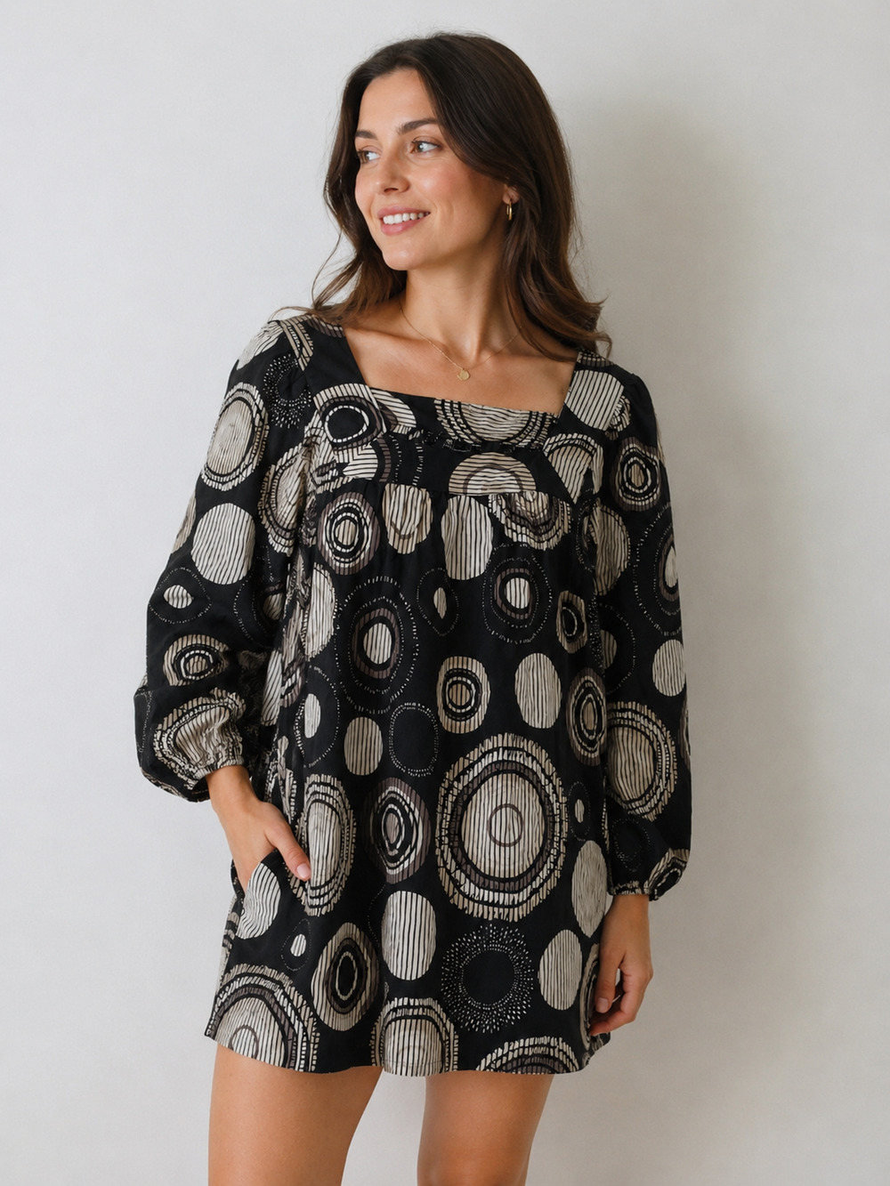 Y2K Express Silk Tunic Mini Dress Womens Size XS Geometric Whimsygoth Resort